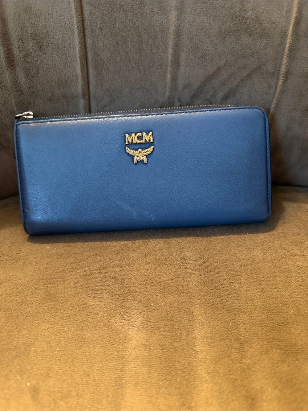 MCM Blue Leather Zip-Around Wallet with Gold Logo